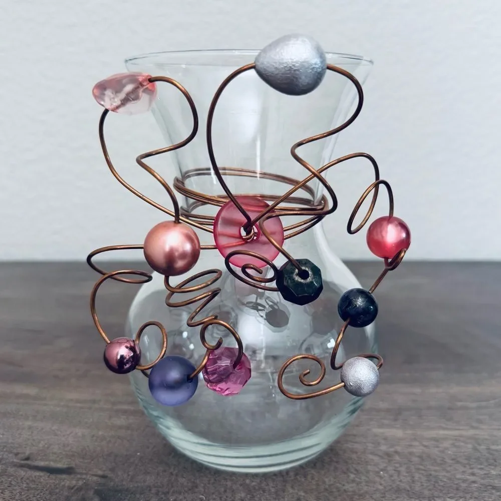 Cooper Wire Wrapped Glass Vase Pink Beads
